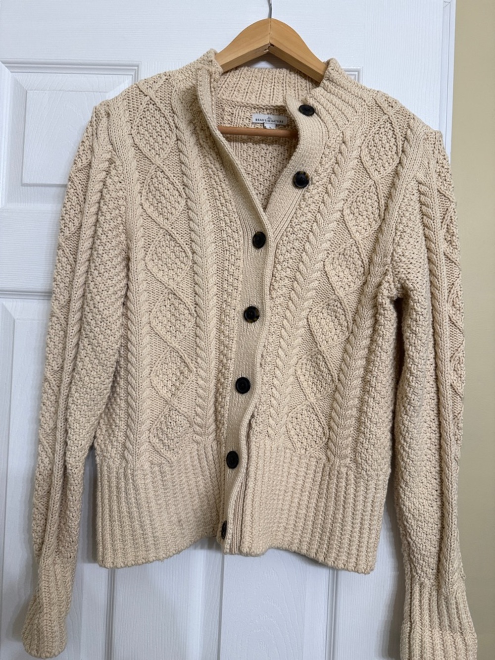 L.L. Bean Cream Cable Knit Button-Front Cardigan